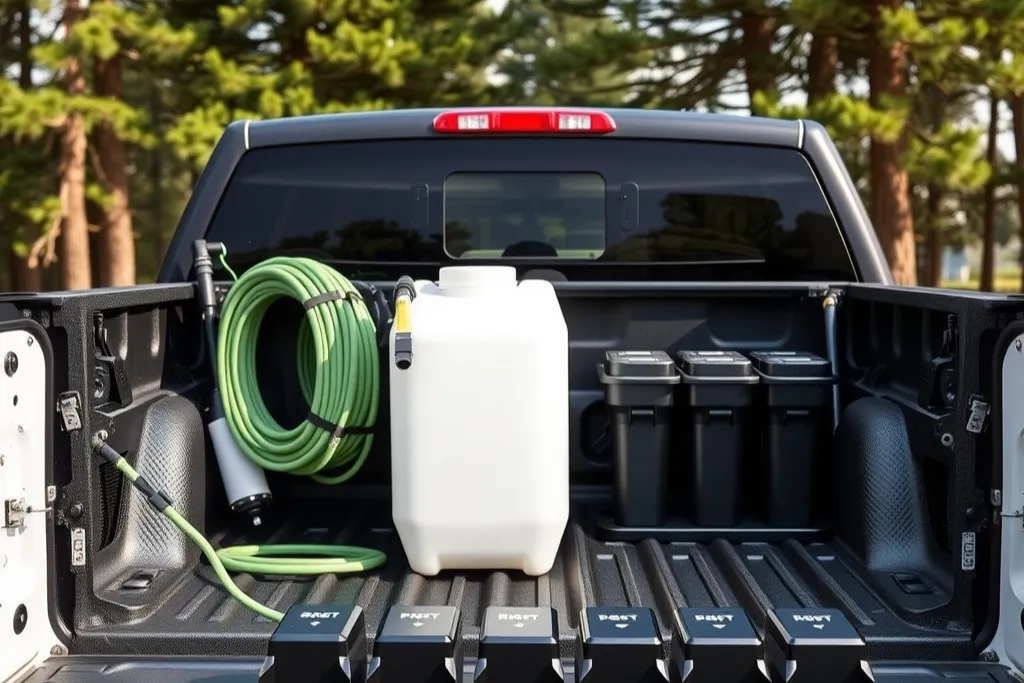 A pickup bed fitted out with sprayer tanks, a hose reel and bait stations.