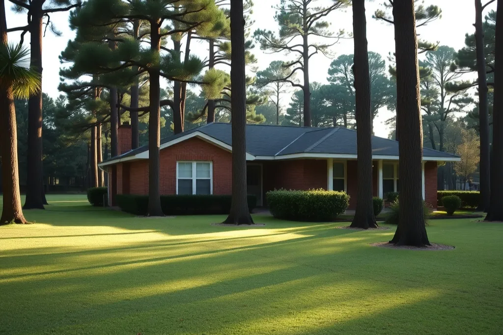 A brick ranch house among East Texas pines on a dewy morning.